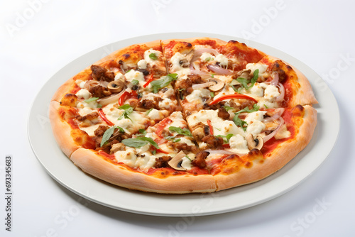 Photo of a Tasty Pepperoni pizza with pepperoni, cheese, and chicken isolated on white background