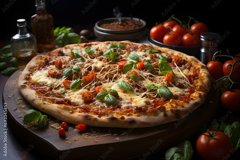 Photo of a Tasty Pepperoni pizza with pepperoni, cheese, and chicken on wooden table in kitchen