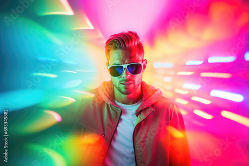 Casual smartly dressed man with dark sunglasses portraying cool confidence in a night out partying, neon nostalgia nightclub with intense bright colorful lights setting. 