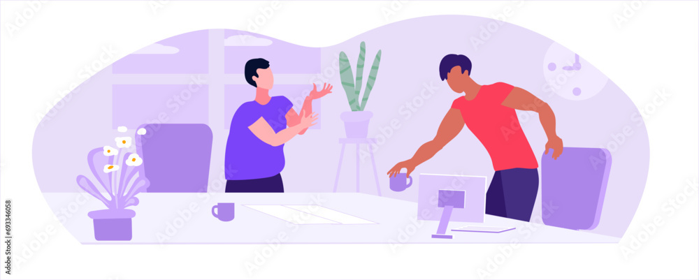 Men at the desk talking emotionally. Convenient workplace. Emotional conversation, variety. Vector illustration