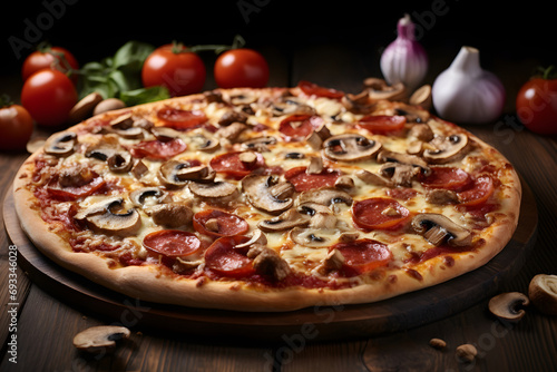 Delicious pizza is loaded with pepperoni, sausage, and a crispy crust for a full family meal.