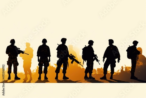 Group of soldiers standing in a line. Can be used to depict military personnel, teamwork, or military formations