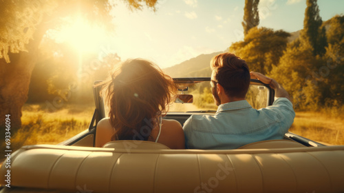 Back wide view of happy caucasian couple on a roadtrip in Europe driving modern cabriolet car in picturesque place