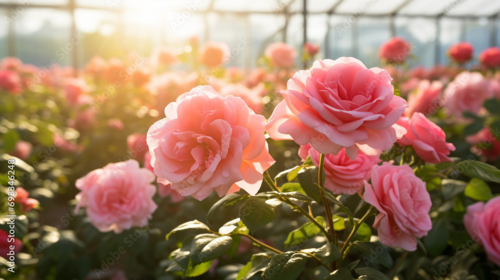 Obraz premium Field of pink roses flowers production under a greenhouse