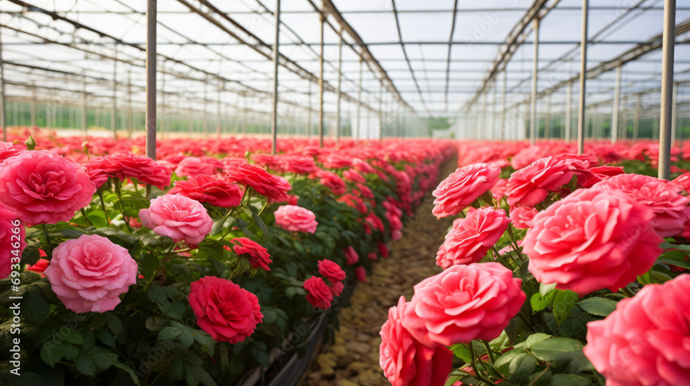 Field of pink roses flowers production under a greenhouse Stock Photo Adobe Stock