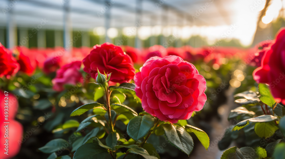 Field of red roses flowers production under a greenhouse Stock Photo Adobe Stock