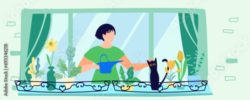 Girl in an open window. Self-care, hobby. Home flowers on the balcony, cat. The concept of harmony and self-care, building a happy inner world and a prosperous lifestyle. Vector illustration