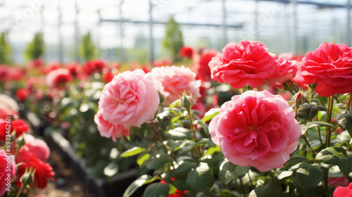 Fototapeta Naklejka Na Ścianę i Meble -  Field of pink roses flowers production under a greenhouse