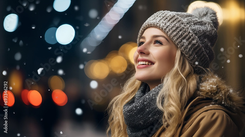 Wallpaper Mural Happy festive beautiful woman in new year style wear on the snowing street Torontodigital.ca