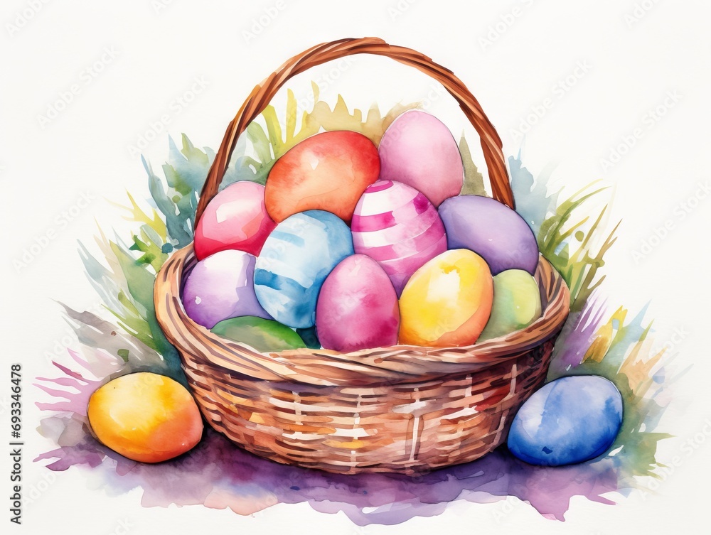 Basket with easter eggs. Hand drawn watercolor illustration. Generative AI