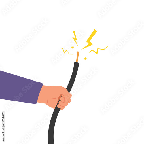 Hand holding electric line. Electrical cable break with electric discharge, Electrical cable wires, Danger of Power line damage.