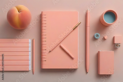 top view of a desk with stationary items: notebooks, pens and pensils in peach fuzz pantone color of the year 2024