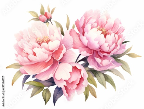 Watercolor peony bouquet isolated on white background. illustration. Generative AI