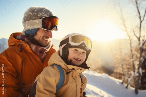 A man and a child wearing skis are pictured on a snowy mountain. This image can be used to depict winter sports and family activities in the mountains
