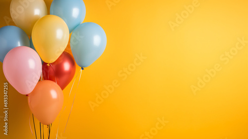 Colorful balloons bunch on a yellow wall background