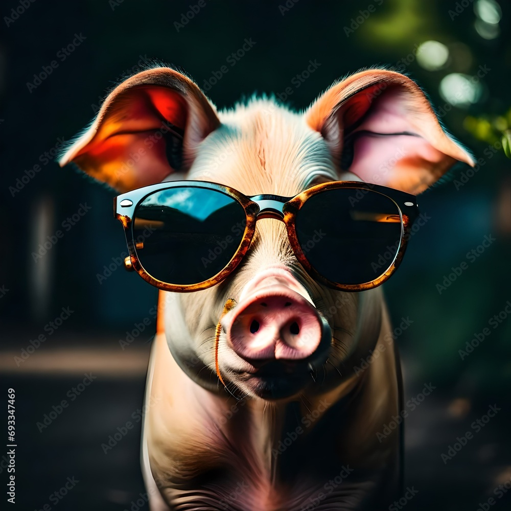a close up view of a pig head wearing sunglasses. 