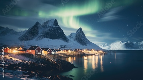 Night sky illuminated by the mesmerizing lights of the Aurora Borealis over a quaint fishing village. Perfect for travel brochures or articles on Northern Lights