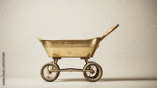 a gold wheelbarrow, capturing its luxurious appearance and functional features, perfectly isolated against a clean white backdrop for a touch of sophistication.