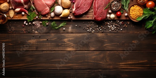 Assorted meats and cooking ingredients on wooden table, top view. photo