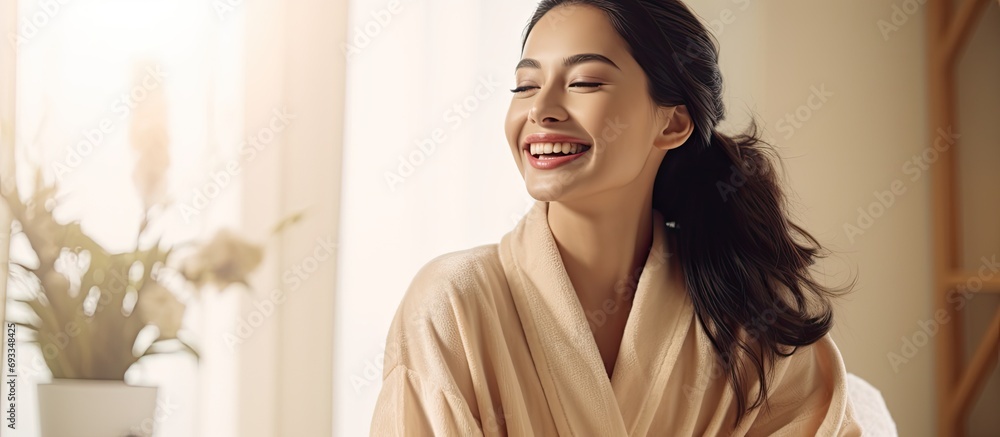 Happy young Asian woman in silk bathrobe enjoying morning beauty routine at home, applying face care product and smiling, with space for copying. - obrazy, fototapety, plakaty 