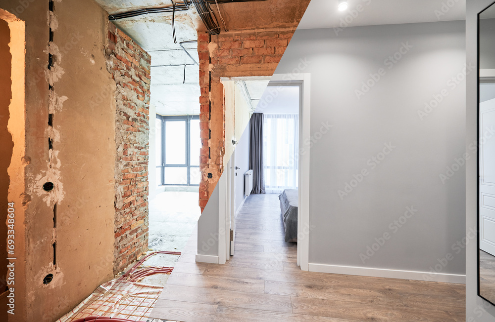 View of Comparison of old apartment before restoration and new renovated flat with modern interior ...