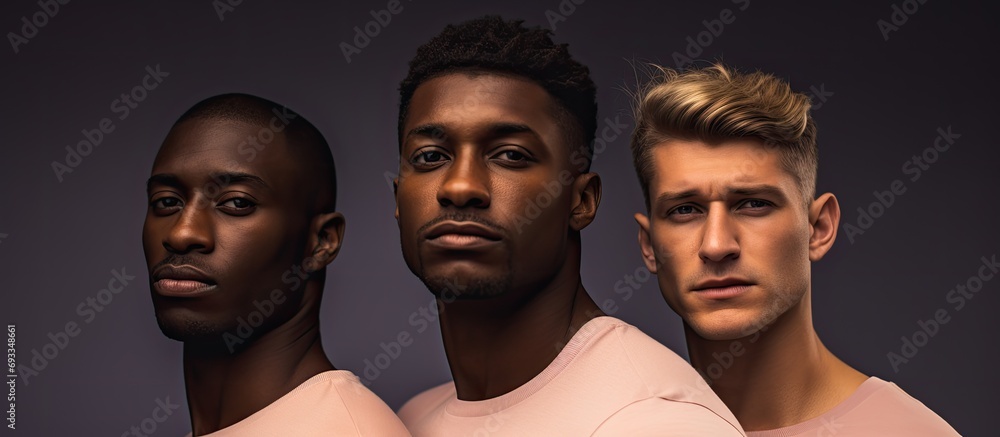 Three confident and beautiful men, with different skin tones, showcase the radiant effects of self-care and a regular skincare regimen in a studio. Three confident and beautiful men, with different skin tones, showcase the radiant effects of self-care and a regular skincare regimen in a studio.