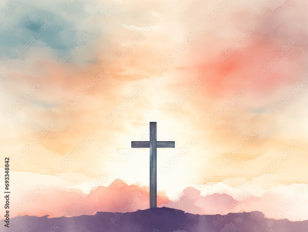 Cross in the sky with clouds. Christian background. illustration. Generative AI