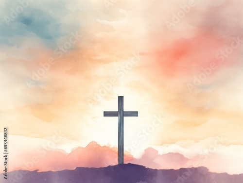 Cross in the sky with clouds. Christian background. illustration. Generative AI © Alex