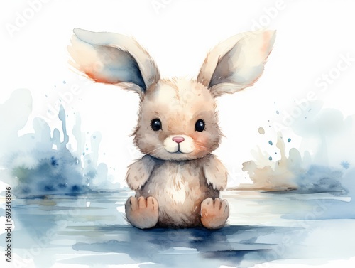 Cute cartoon baby rabbit sitting in water. Watercolor illustration. Generative AI