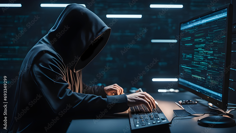 Obraz na płótnie Hacker, hacker hacks network, hacker on a dark background. Dangerous Hooded Hacker Breaks into Government Data Servers w salonie