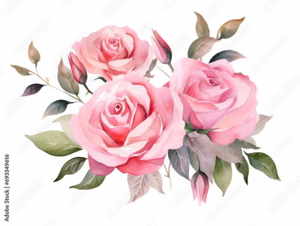 Pink roses bouquet isolated on white background. Watercolor illustration. Generative AI