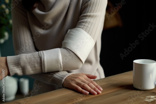 A woman is seen holding a cup on a table. This image can be used to depict a relaxing coffee break or a cozy atmosphere © Fotograf