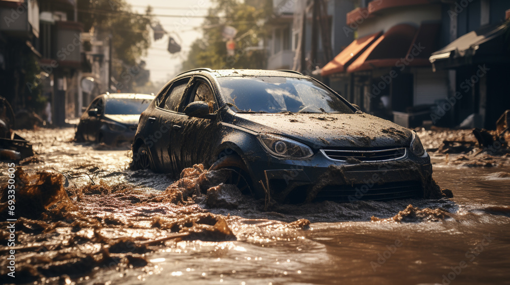 Car submerged in flood water. - obrazy, fototapety, plakaty 