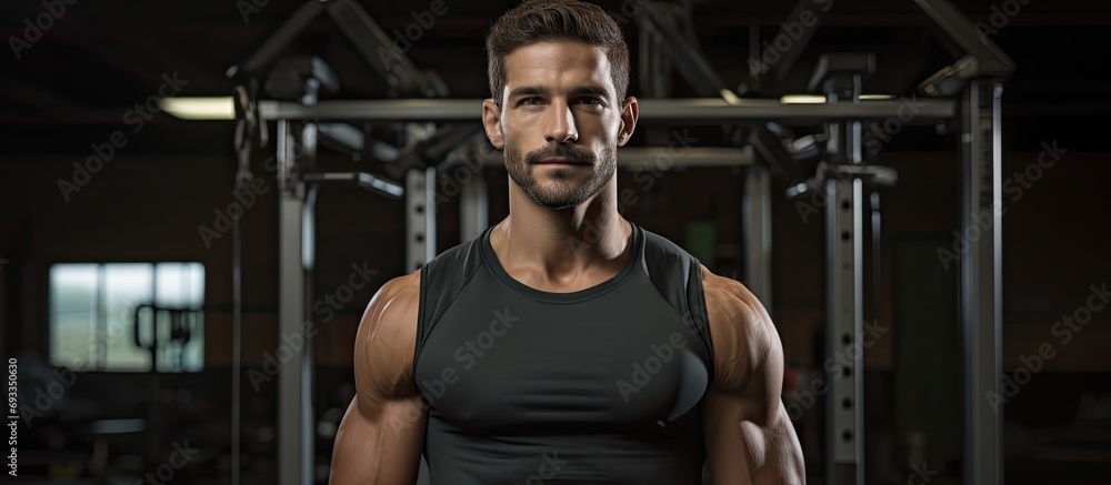 Male athlete with a serious, focused face, engaged in a workout routine at the gym, displaying confidence and dedication. Male athlete with a serious, focused face, engaged in a workout routine at the gym, displaying confidence and dedication.