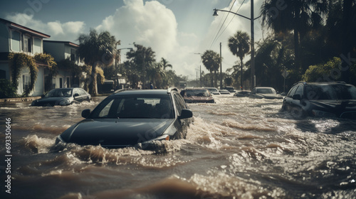 Flooded cars on the street of the city. Street after heavy rain. Water could enter the engine, transmission parts or other places.