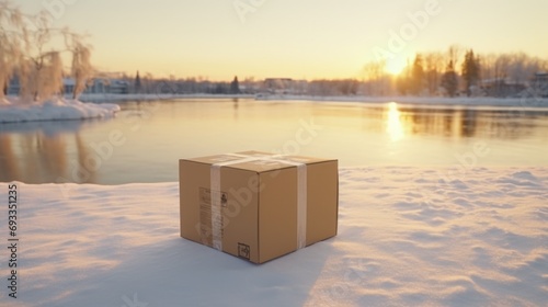 A cardboard box sitting on top of snow-covered ground. Can be used to depict winter storage or shipping photo