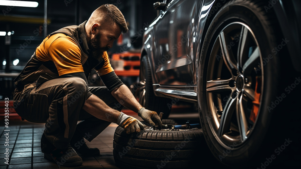 Mechanic changing tires in a car service Mechanic changing tires in a car service