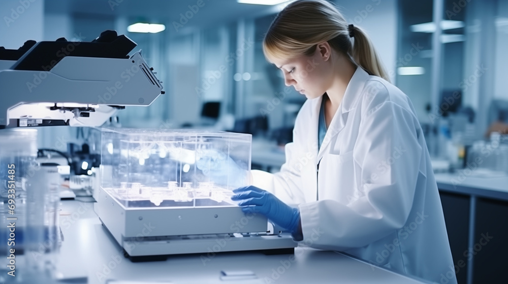 Female scientist looking at a microscope inside large labratory. Female scientist looking at a microscope inside large labratory.