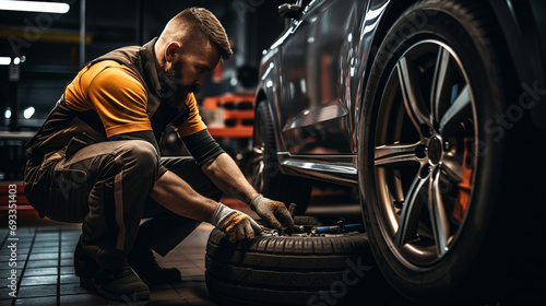 Mechanic changing tires in a car service