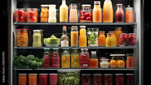Fresh fruit and vegetables inside wide refrigerator interior. 