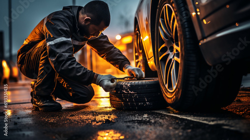 Mechanic changing tires in a car service photo