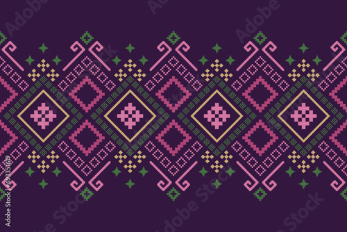 Purple cross stitch traditional ethnic pattern paisley flower Ikat background abstract Aztec African Indonesian Indian seamless pattern for fabric print cloth dress carpet curtains and sarong