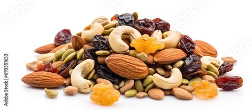 Trail mix or gorp, a compact snack mix meant for hiking, usually contains granola, dried fruit, nuts, and occasionally candy.