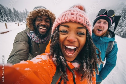 A group of people capturing a moment with a selfie in the snowy outdoors. Perfect for social media posts or winter activities