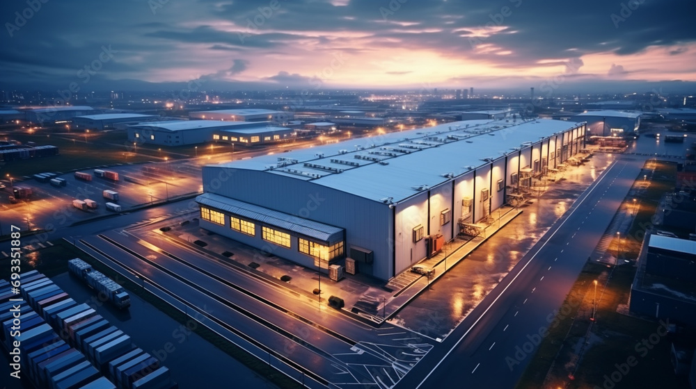 Night aerial view of a warehouse of goods for online stores. Logistic center in the industrial area of the city from above. - obrazy, fototapety, plakaty 