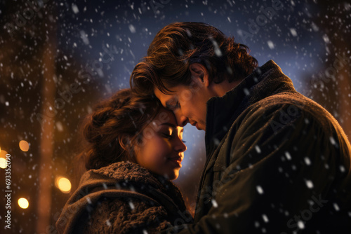 A young couple embraces under a glowing Christmas tree, surrounded by warm lights and falling snow