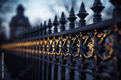 A detailed view of a wrought iron fence. Perfect for adding an elegant touch to any project or design