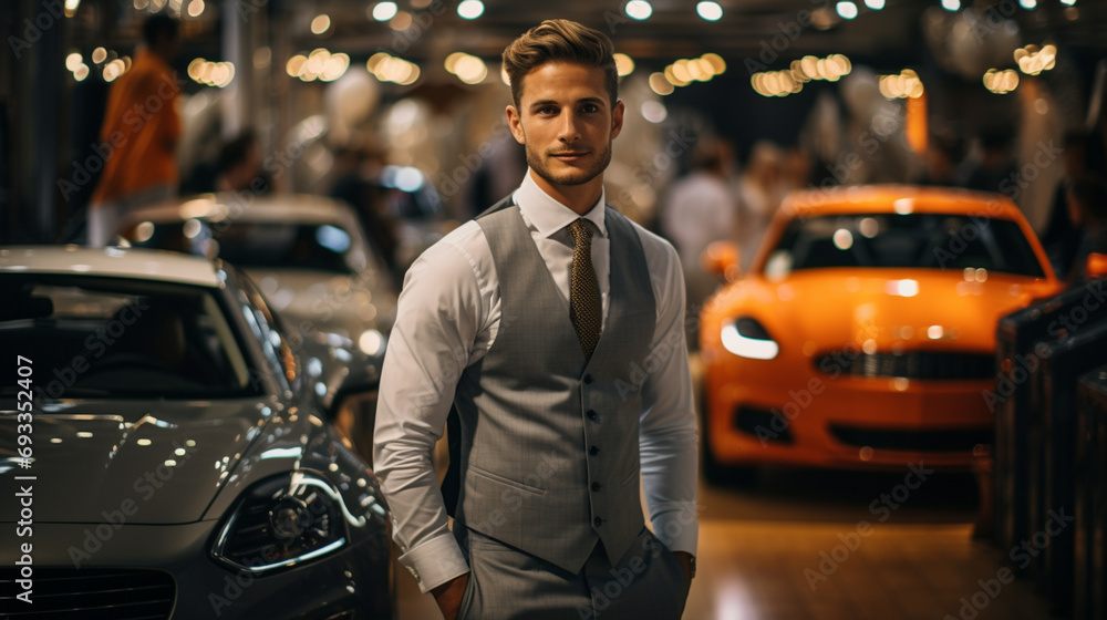 car seller in suit in car salon. car seller in suit in car salon.
