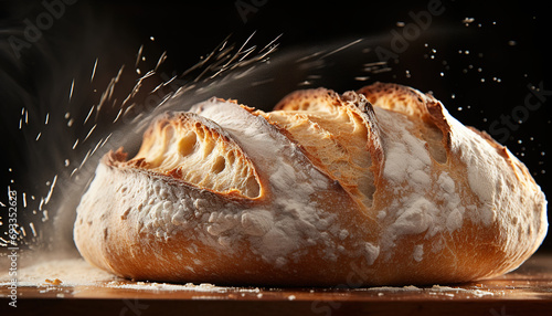 Close-up view of freshly baked bread, organic and natural preparation, details and textures