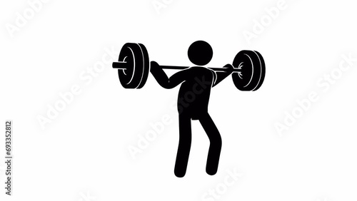 Pictogram man squats with barbell. Stickman trains with barbell. Looping animation with alpha channel.